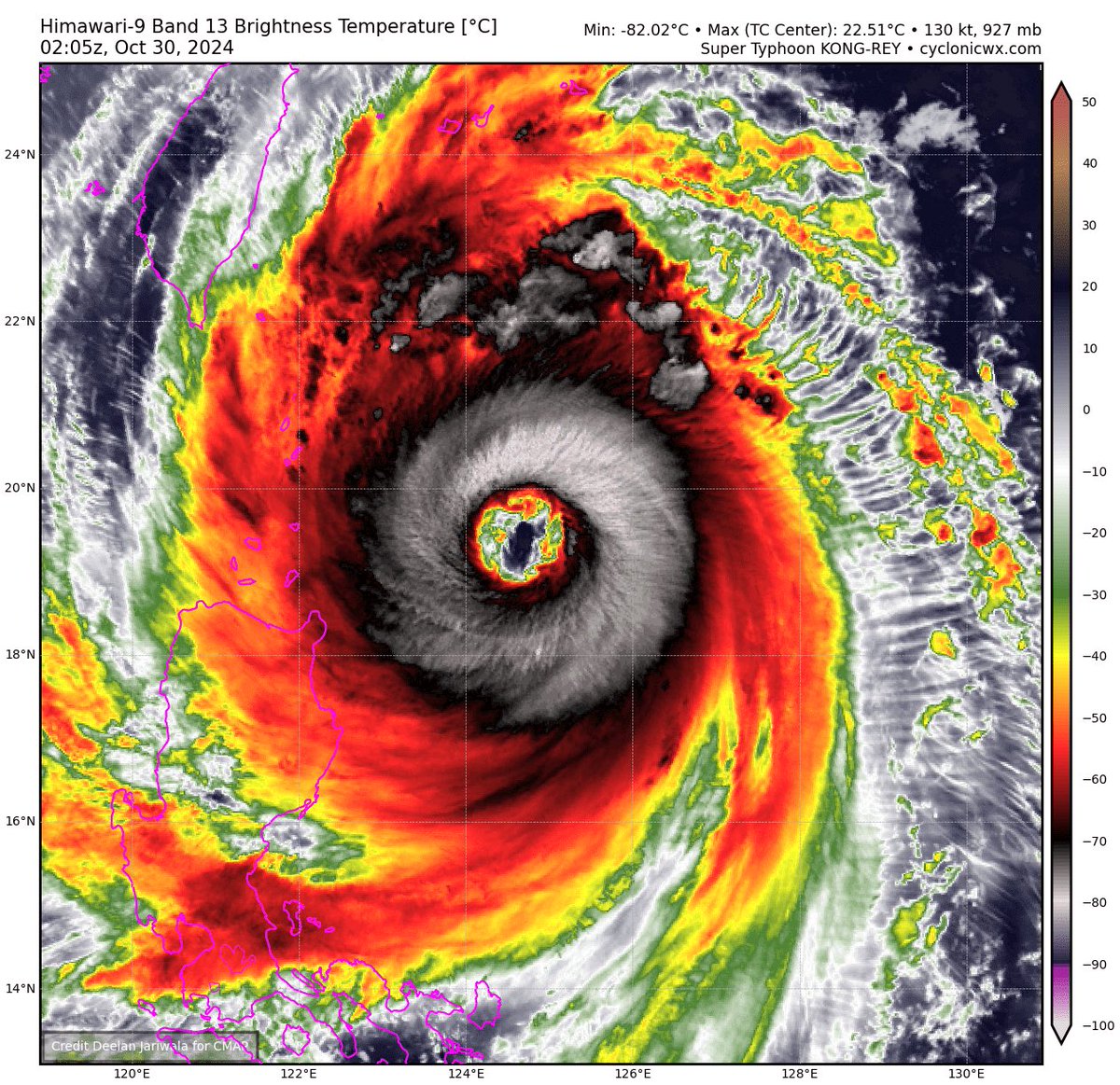 ThePeteEdwards's tweet photo. In case you were wondering you could almost fit 2 Rhode Islands (48 miles X 37 miles) in the 63 mile(55nm) wide eye of Typhoon Kong-Rey. https://t.co/J4K3tf6ra3