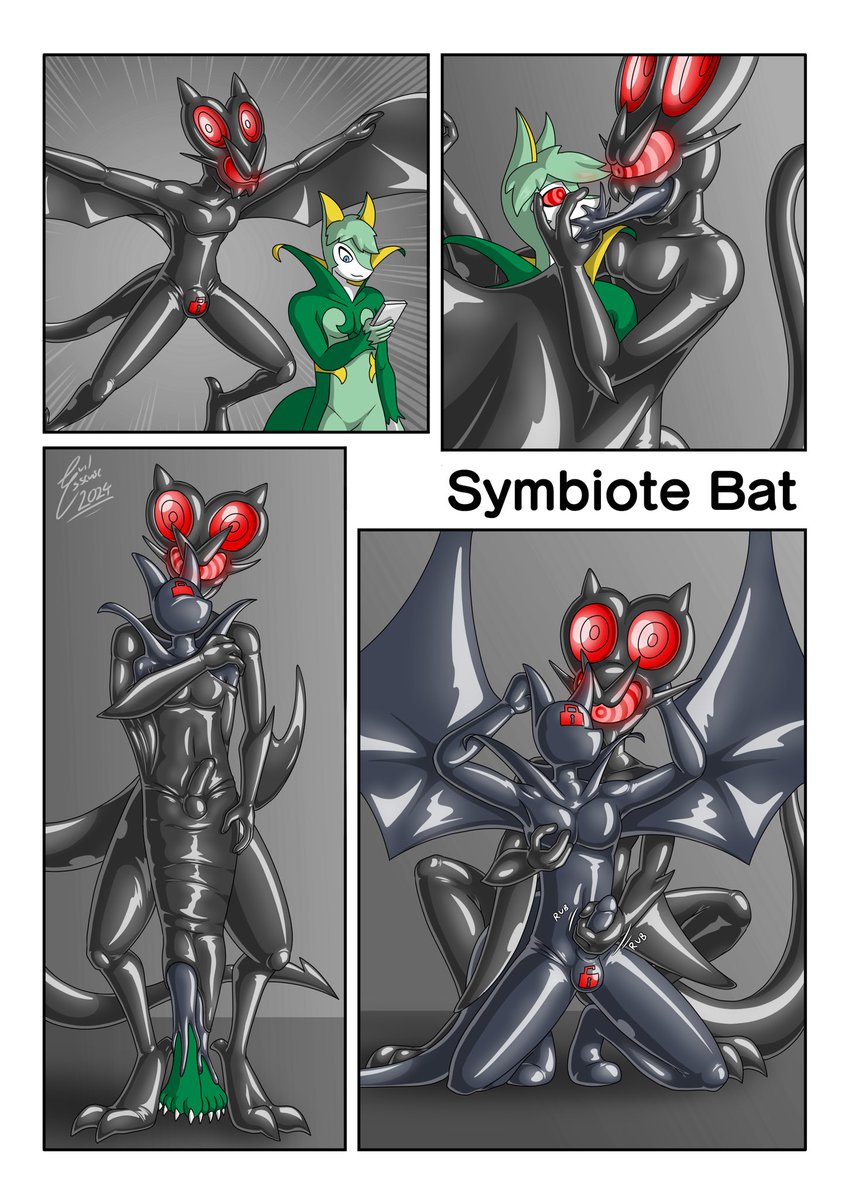 Day 26. Symbiote Bat

The Symbiote Noivern while flying up high spots its new target. While Jade is hypnotised, it wraps its wings around the target like a cacoon, converting them into another mindless bat drone/play toy.

Featuring <a href="/FiftyLeaves/">Jade🔞 jade-snek.bsky.social</a> 

#symbiotober #symbiotober2024