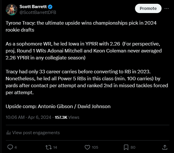 ScottBarrettDFB's tweet photo. Unreal upside/potential with Tyrone Tracy. Still not heavily utilized in the passing game, despite WR background 

This isn't even his final form.gif https://t.co/7Yos9UISZP
