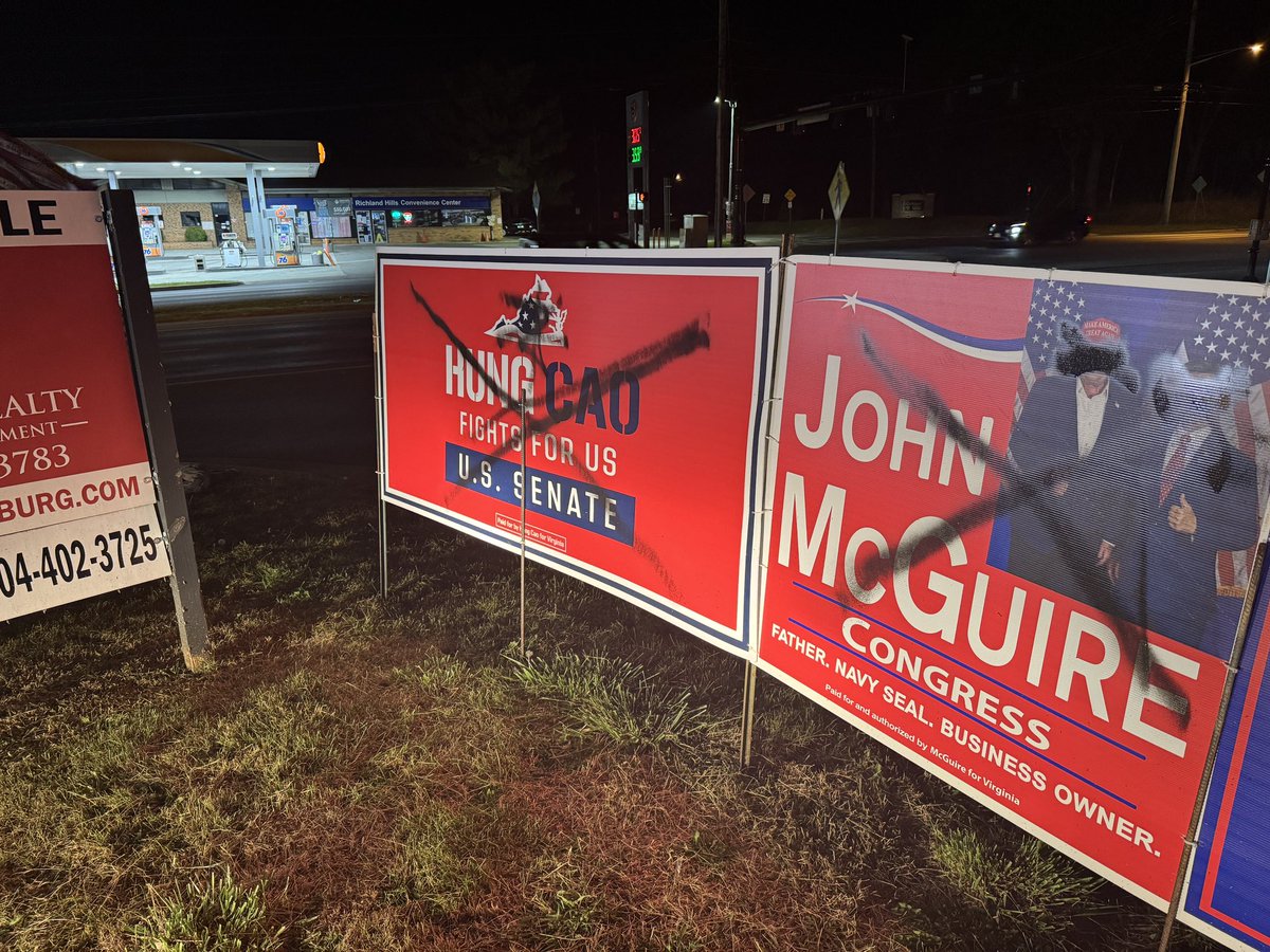 HaydenRobTV's tweet photo. Several republican camapign signs for Donald Trump, Hung Cao, John McGuire, Curt Diemer and Chris Faraldi were all vandalized last night. The Lynchburg Police Department is investigating. I’ll have a live report at 11. https://t.co/pndOlSyYUX