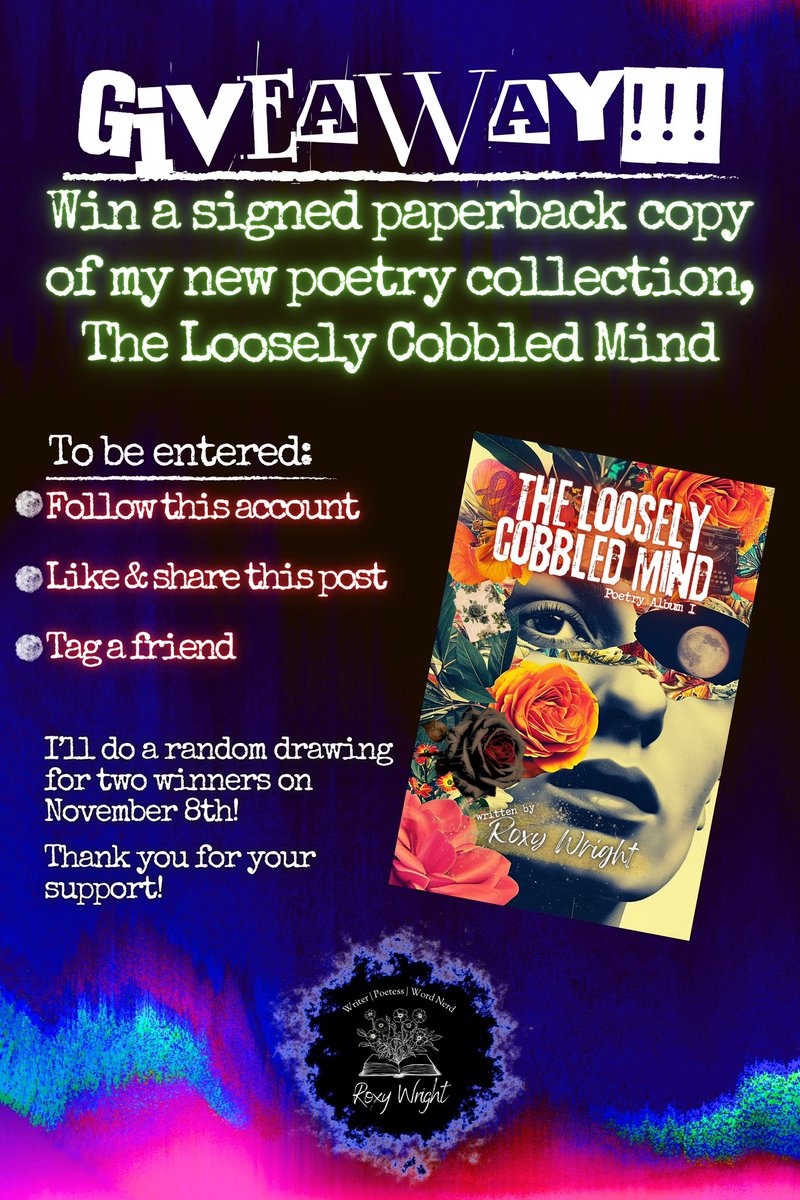 🔥🔥🔥📚IT’S GIVEAWAY TIME!📚🔥🔥🔥

I’m so excited to be able to give away two signed paperback copies of my new poetry collection, The Loosely Cobbled Mind!

Below are the steps to enter. Link to check out the book on Amazon is in first comment.

Thank you for your support!
🖤