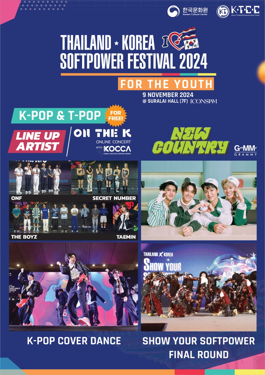 kcc_thailand's tweet photo. 🇹🇭🇰🇷มาร่วมสนุกกับงาน “Thailand-Korea Softpower Festival 2024” ในวันเสาร์ที่ 9 พฤศจิกายน ตั้งแต่เวลา 14.00 เป็นต้นไป ณ ICONSIAM (Suralai Hall ชั้น 7) กับกิจกรรมที่น่าตื่นเต้นอย่างช่วง “For The Youth”

โดยงานนี้จะเปิดให้รับชมฟรี! ไม่มีค่าใช้จ่าย‼️ https://t.co/VlUubFqIL8