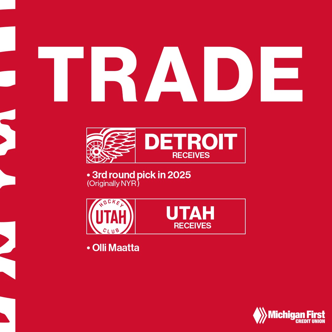 DetroitRedWings's tweet image. UPDATE: The #RedWings have traded defenseman Olli Maatta to the Utah Hockey Club in exchange for a 3rd round pick in 2025.