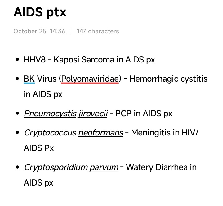 SephRPh2024's tweet photo. Some list of diseases that are seen in HIV/AIDS Ptx. https://t.co/tNmPDOpaUp