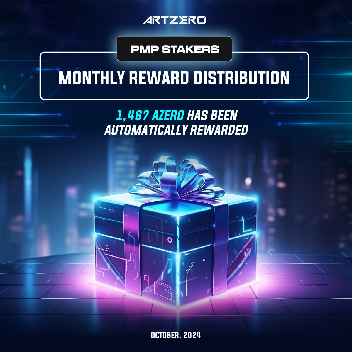Monthly Reward | October 2024

Hey PMP stakers! Passive income from your PMP stake has just arrived. Go check your balance now and enjoy those sweet gains! 🤑
👉 a0.artzero.io/account/general
