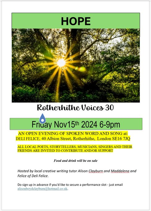 #RotherhitheVoices Friday, 15th  <a href="/CafeDeliFelice/">Cafe Deli Felice</a> 

to contribute contact <a href="/AlisonClayburn/">Alison Clayburn</a> 

All Welcome  

 <a href="/Southwark_News/">Southwark News</a> <a href="/SouthwarkEvents/">Southwark Presents</a>
