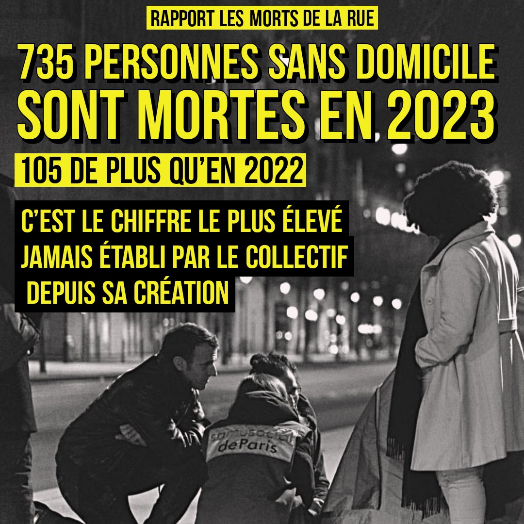 Pendant que certains s'inquiètent du confort de vie des milliardaires français, d'autres meurent dans la rue.

Au moins 735 personnes sans habitat personnel (vivant dans la rue, en hébergements d’urgence, dans des squats ou des structures de soins) sont mortes en 2023, selon