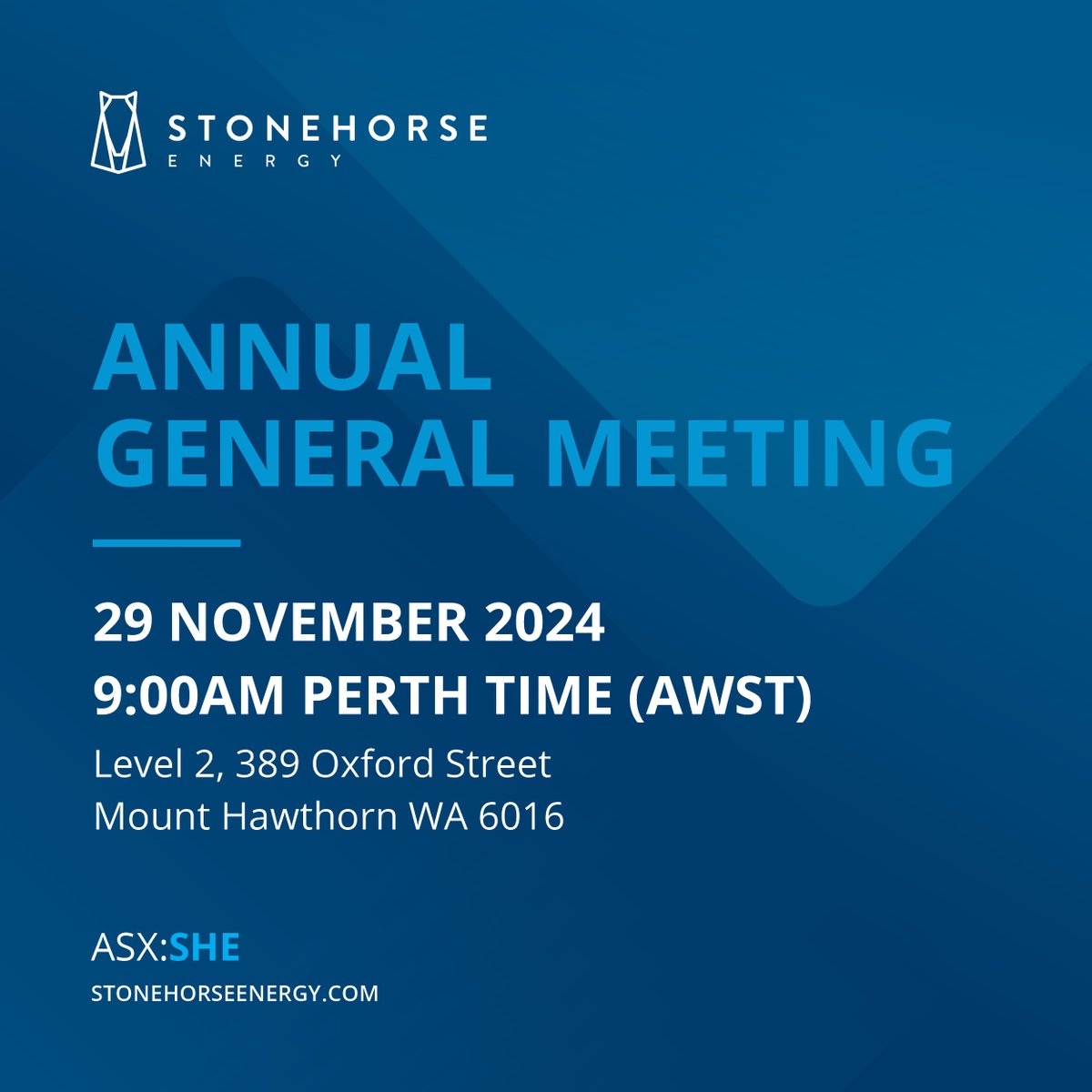 #ASXNews

Notice is given that the AGM of $SHE.AX will be held at 9:00AM (AWST) on 29 November 2024 at Level 2, 389 Oxford Street Mount Hawthorn WA 6016.

View the Notice/Proxy form: loom.ly/Z63YoQg

Notice of Access: loom.ly/7vg_VQ0

#ASX #SHE #energy