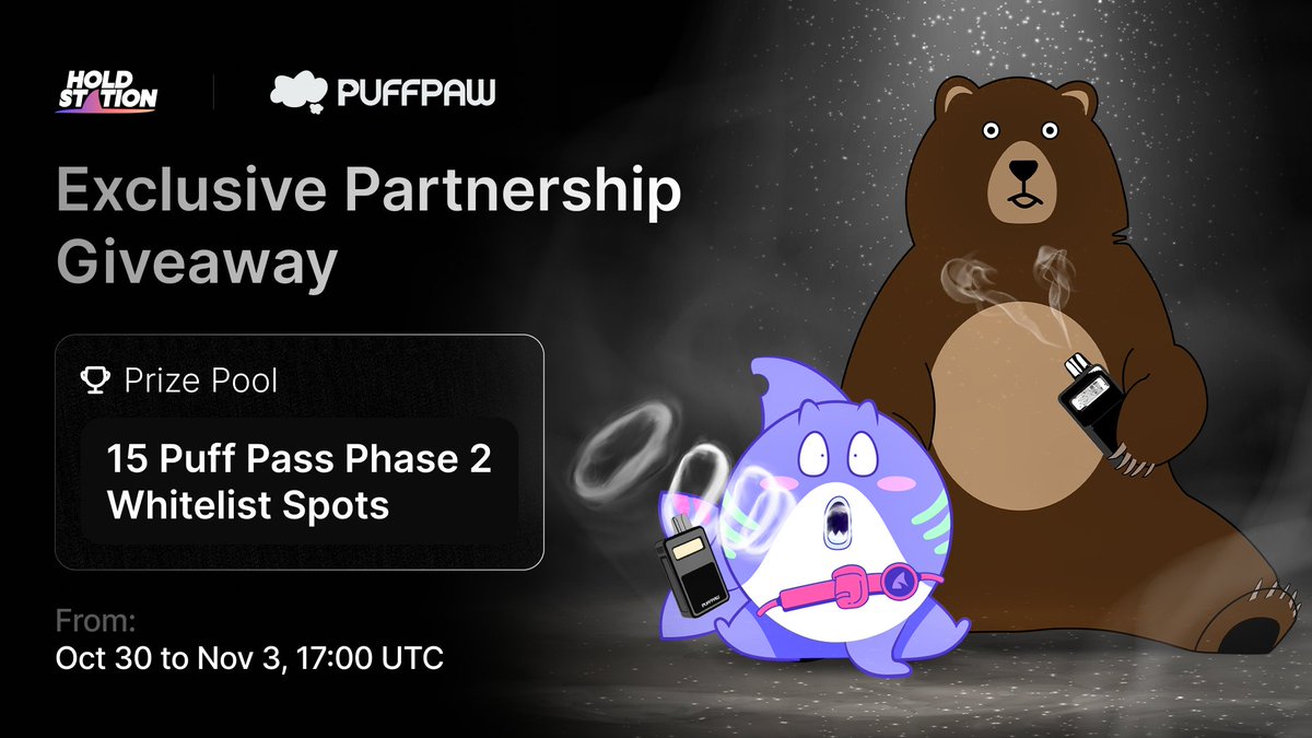 HoldstationW's tweet photo. 💨 Puff, Puff, Win - Want to Quit Smoking and Earn Cash?💰

Holdstation Teamed up with @puffpaw for Puff Pass Phase 2 WL Giveaway!

Puffpaw’s $6M funding is powering its mission to help 1.3B smokers quit with the Vape2Earn model! Their Smart Vape makes quitting rewarding, tracking progress & storing health data on-chain.

🏆 Prize Pool: 15 Puff Pass Phase 2 Whitelist Spots for 15 Lucky Winners

👉 How to join?
- Follow @puffpaw & @HoldstationW
- Join #Puffpaw Telegram: https://t.co/Jvx2quhb1t
- Download Holdstation App: https://t.co/jqfjPlfojl
- Comment your #Berachain bArtio Testnet on Holdstation Wallet

⏳ Until Nov 3rd , 17:00 UTC

💨 Don’t miss this! Join now!