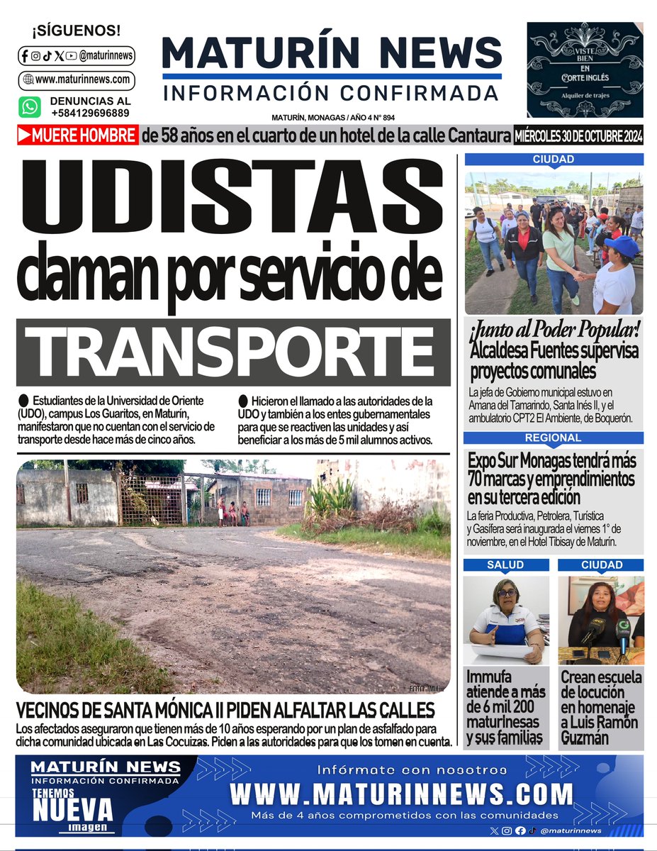 maturinnews's tweet photo. ¡Buenos días! ☀️ Nuestra portada MIÉRCOLES 30-10-2024. 
.
.
#Maturin #Monagas  #30Oct https://t.co/Brf1bgCvox