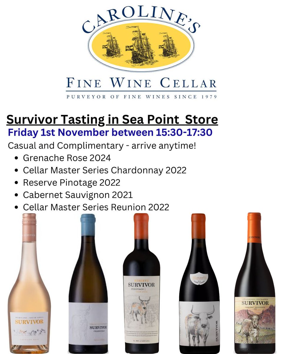 Taste wine produced by <a href="/survivorwines/">@survivorwines</a> this Friday at Caroline's Fine Wine Cellar in #seapointcapetown #grenache #chardonnay #pinotage #CabernetSauvignon