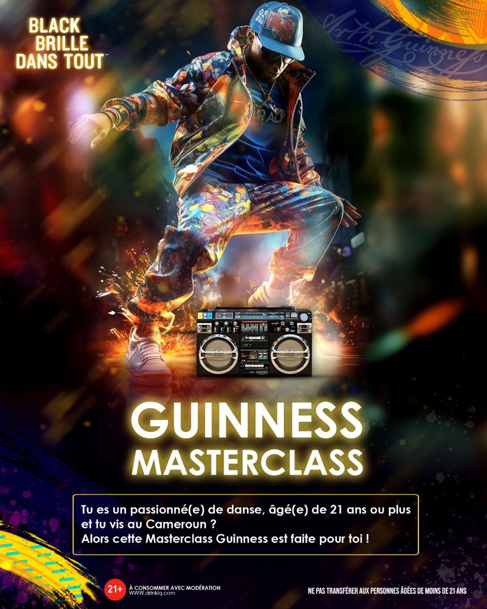 237Showbiz's tweet photo. Are you passionate about Dance? 
Do you live in CMR 🇨🇲
This GUINESS MASTERCLASS is for you! 

All details on the flyer! 

Sign up: https://t.co/PA6VrTrdtH

#Guinness Masterclass
#BlackBrilleDansTout #Masterclass
#InterditAuxMoinsDe21Ans
#AConsommerAvecModeration #ad https://t.co/7SrGalMEDt