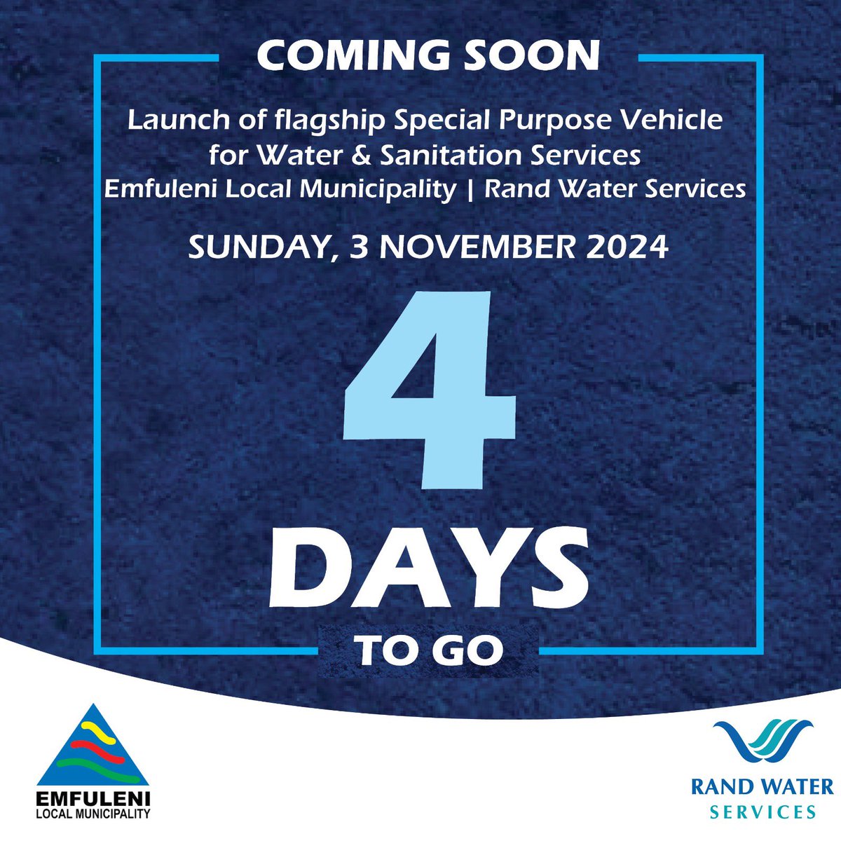 S63Programme's tweet photo. Countdown to the #ELMSPVLaunch

Only 4 days left until we launch the Special Purpose Vehicle for Water and Sanitation Services in Emfuleni Local Municipality!

@DWS_RSA
@EmfuleniLM 
@SaveTheVaal 
@Rand_Water 

#RWStakeholderEngagement #RWServiceDelivery #RWWaterServices [NS] https://t.co/H1L9yS70g9