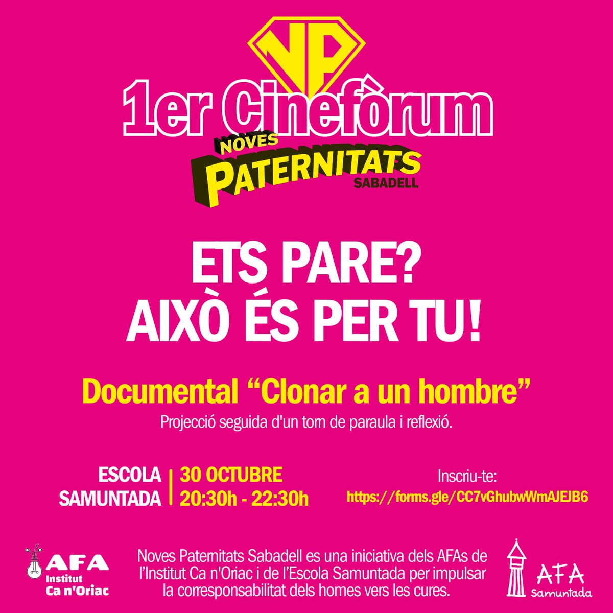 Això és avui

1r Cinefòrum “Noves Paternitats"

📆 Dimecres, 30 d’octubre a les 20:30 h. Durada: 2h.
🔊 Organitza: Noves Paternitats Sabadell (AFA Institut Ca n’Oriac i Escola Samuntada)
📍 A l’escola Samuntada (C. Francesc Izard)
Més info i inscripcions: afasamuntada.cat/2024/10/1r-cin…