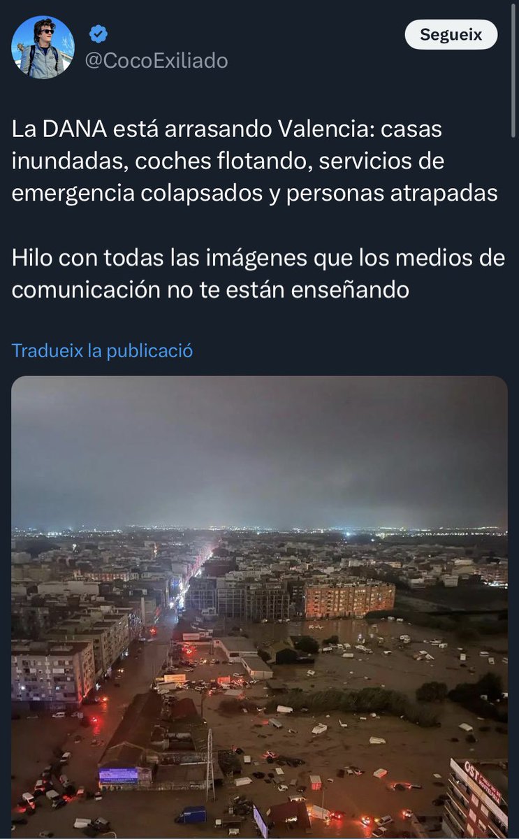 massanagranaire's tweet photo. Resum perfecte de Twitter a dia d’avui: un subnormal amb el tic blau difonent la conspiranoia (els mitjans ens enganyen) per poder monetitzar un desastre natural. https://t.co/5q1D97yok6