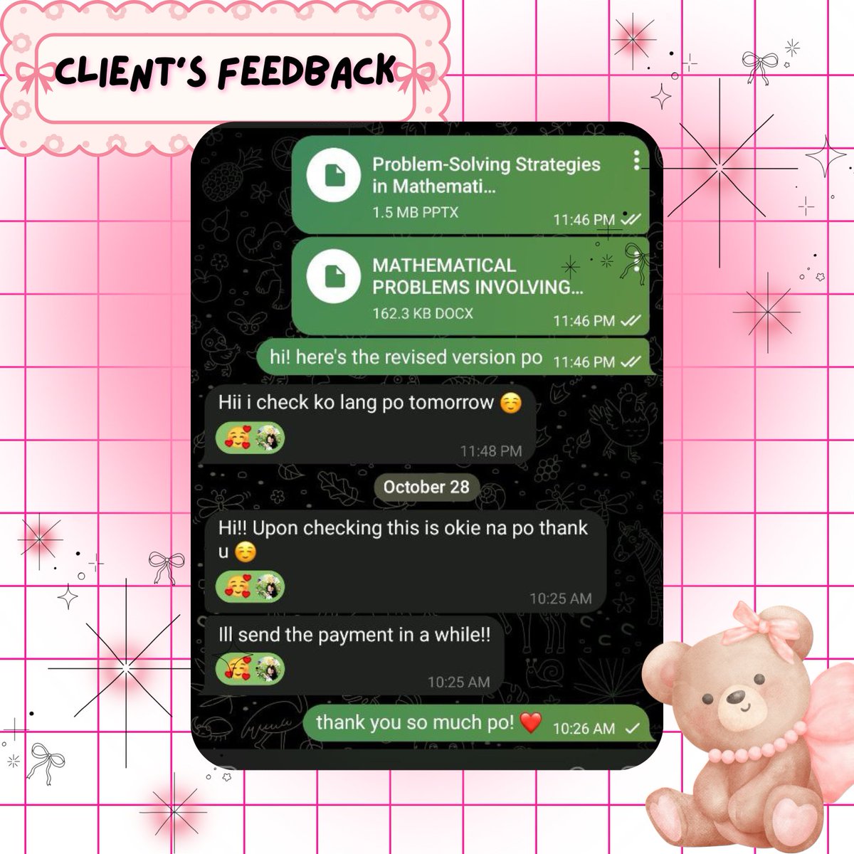 reichivez's tweet photo. FEEDBACKS .ᐟ

꒰ᐢ. .ᐢ꒱ hello there! i’m rei. i can help you with your schoolwork and other tasks, providing affordable and high-quality assistance. let me help you succeed by making your schoolwork manageable and stress-free! ⋆ ˚｡⋆୨୧˚

kindly dm us for inquiries! •ᴗ• https://t.co/AKmkJE8WM9