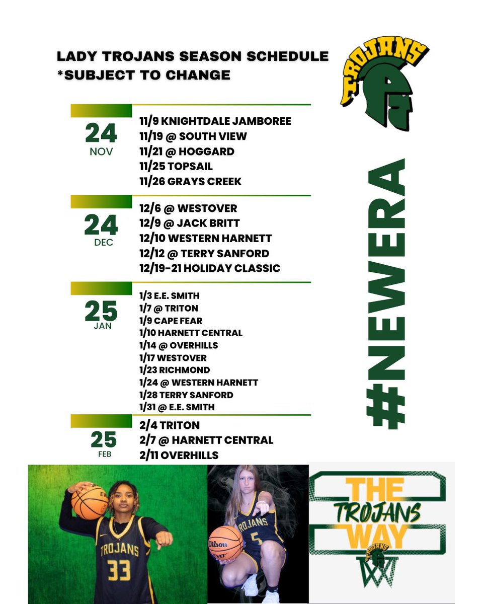 ladytrojanwbb's tweet photo. 2 O 24 - 2 O 2 5 

Women’s Varsity Basketball Season Schedule 🔥

Come out support your Trojans! 

*Some games and locations may be changed due to floor renovation! 

#NewEra 💛💚 https://t.co/4Xpf8bklTJ