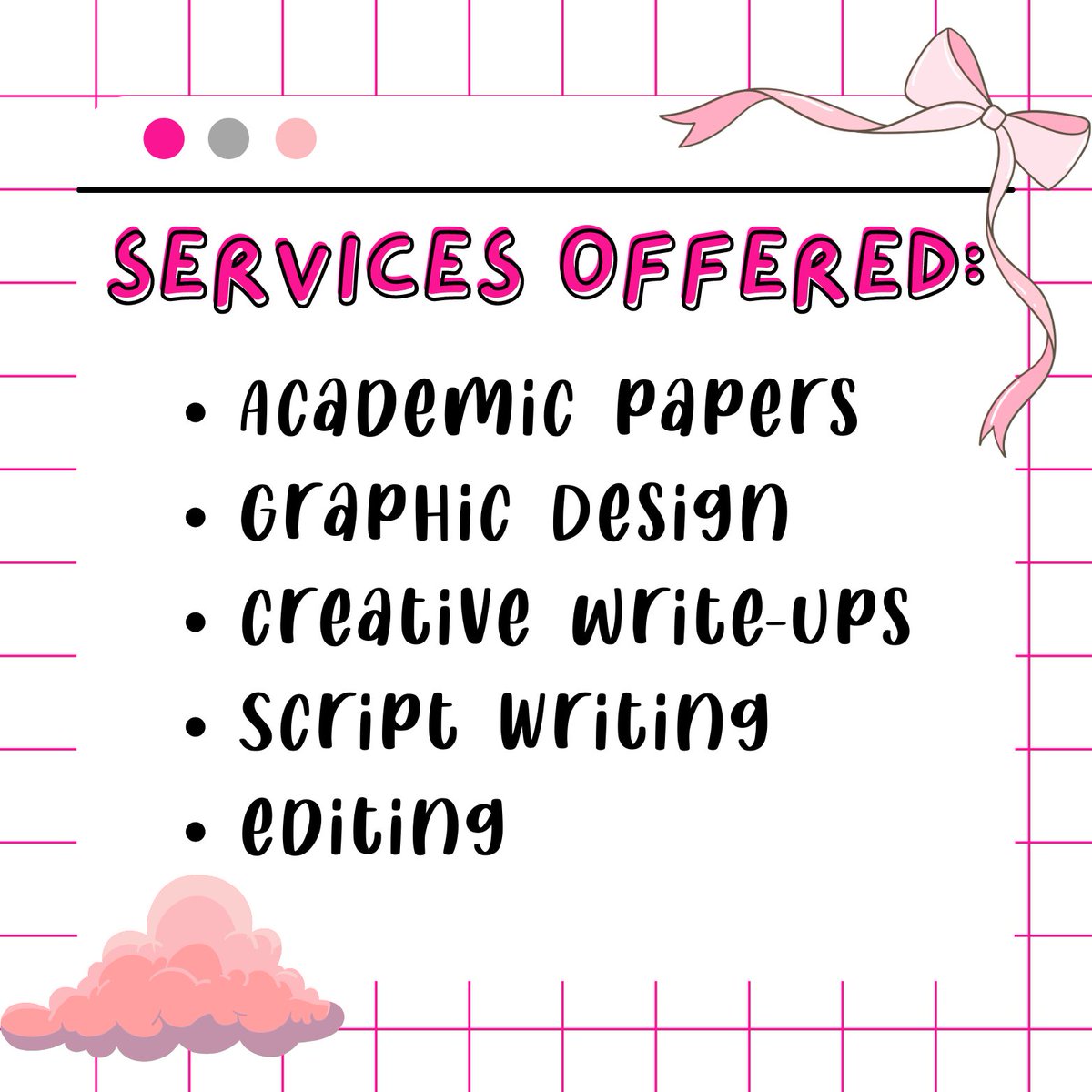 reichivez's tweet photo. ꒰ᐢ. .ᐢ꒱ hello there! i’m rei. i can help you with your schoolwork and other tasks, providing affordable and high-quality assistance. let me help you succeed by making your schoolwork manageable and stress-free! ⋆ ˚｡⋆୨୧˚

kindly dm us for inquiries! •ᴗ• https://t.co/t70XQPsnXK