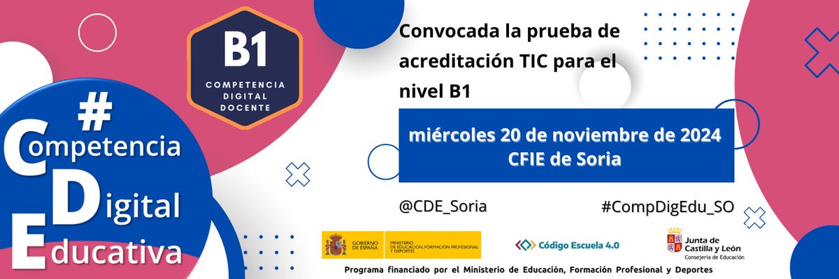 CDE_Soria's tweet photo. 🏆 Acreditaciones #CompetenciaDigitalDocente 
Convocadas pruebas específicas para niveles A2, B1, B2

📅11, 13, 18 y 20 de noviembre 
🕛17:30h
🏫@CFIEdeSoria
👉Inscripciones https://t.co/TZanfmTIQb 

#MRCDD @educacyl #CompetenciaDigitalDocente https://t.co/82RbSRXr89