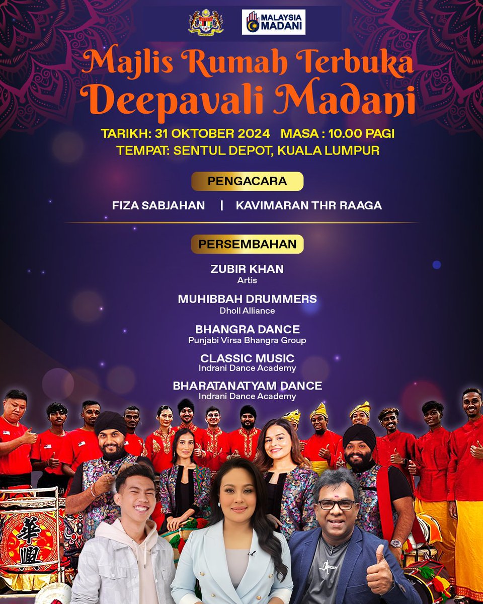 Jom sertai sambutan Deepavali di Majlis Rumah Terbuka Deepavali Madani bersama Perdana Menteri YAB Dato' Seri Anwar Ibrahim dan Menteri Digital YB Gobind Singh Deo.

Tarikh: 31 Oktober 2024 (Khamis)
Masa: 10 pagi
Tempat: Sentul Depot, Kuala Lumpur

#MalaysiaMADANI #Deepavali2024