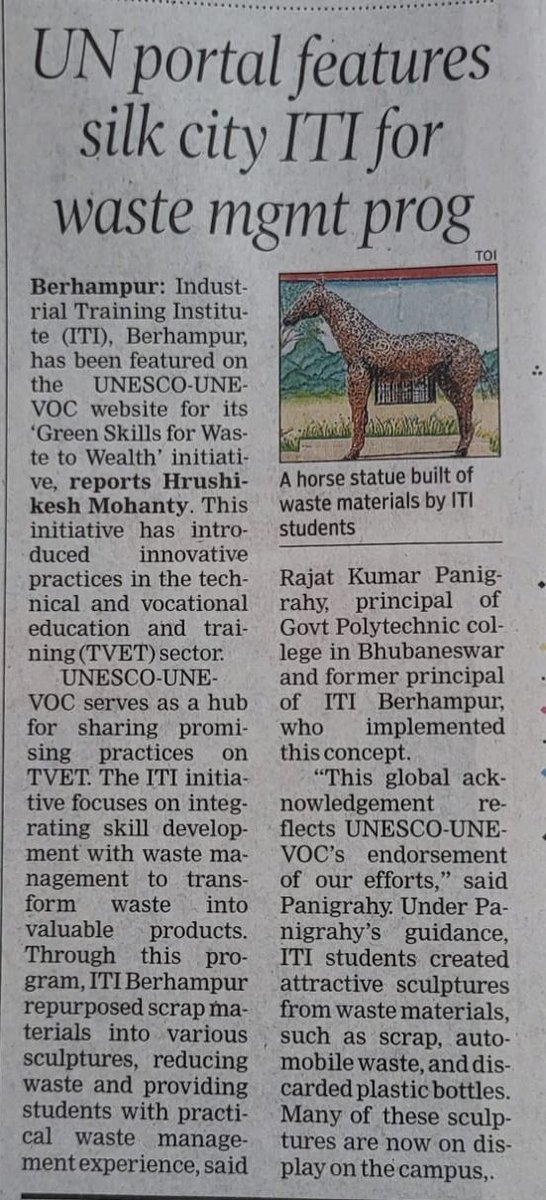 MSDESkillIndia's tweet photo. 🌍 Proud moment! ITI Berhampur’s "Green Skills for Waste to Wealth" initiative under the leadership of Dr Rajat Panigrahi is now featured on the UNESCO-UNEVOC website as promising practice This recognition highlights their innovative work in turning waste into valuable creations, fostering sustainability & skill development. Dr Panigrahy will be the resource person for waste to wealth implementation in various TVETs in international level👏♻️ #SkillIndia #GreenSkills #WasteToWealth #10yearsofswachhbharat
