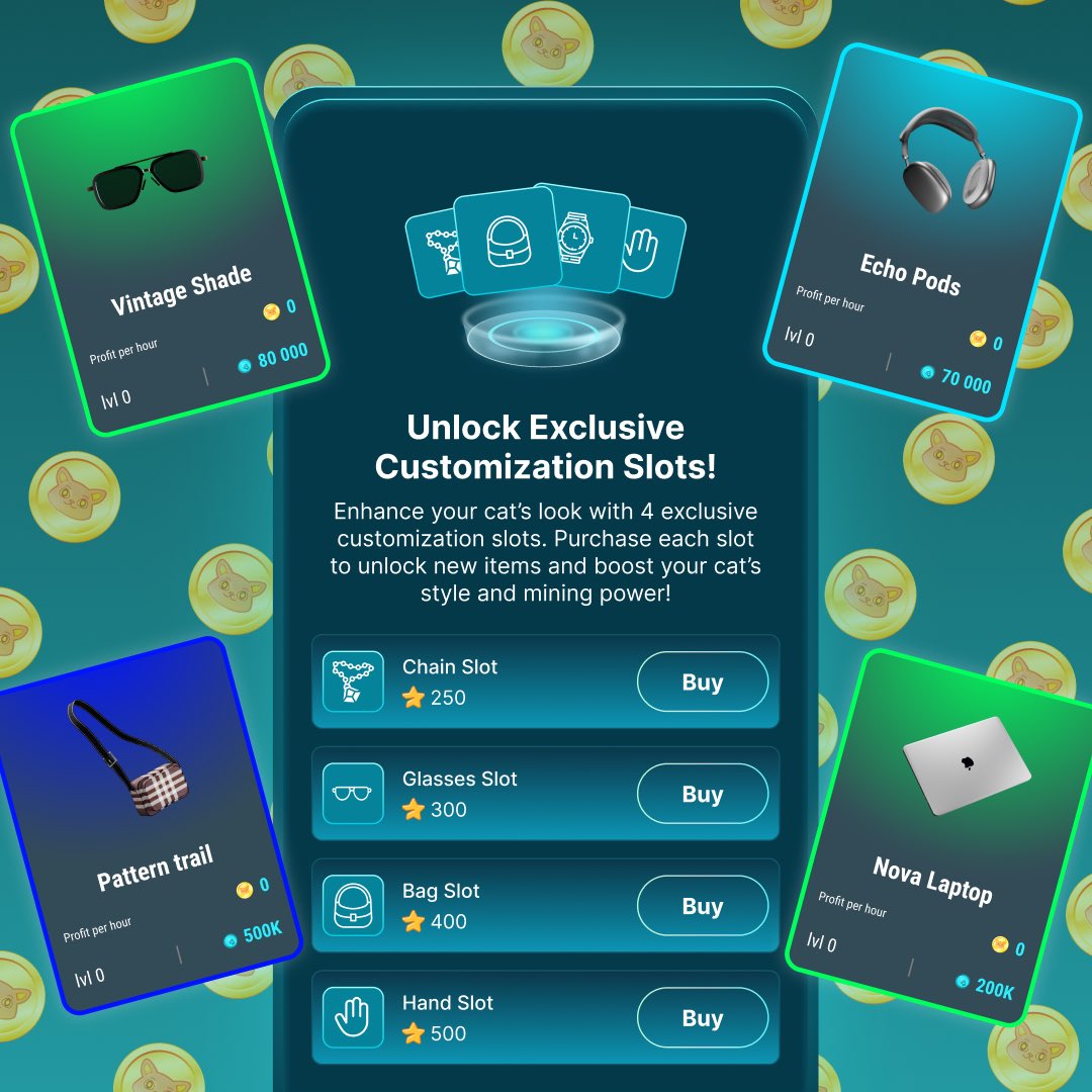 cat_loot's tweet photo. UNLOCK EXCLUSIVE POWER-UPS FOR YOUR CAT!

Here’s a great way to boost your cat’s style and mining power! 

🛍️PLAY: https://t.co/brxPfRttNc

Unlock 4 exclusive customization slots using Telegram stars: Chain Slot, Glasses Slot, Bag Slot, and Hand Slot. Each slot unlocks unique items that enhance your cat’s look and speed up your mining!

The higher your cat’s level, the more powerful your mining! 

‼️Remember, leveling up your cat will be crucial when it comes to the 🔸CLOOT token airdrop.

Start unlocking and upgrading now!