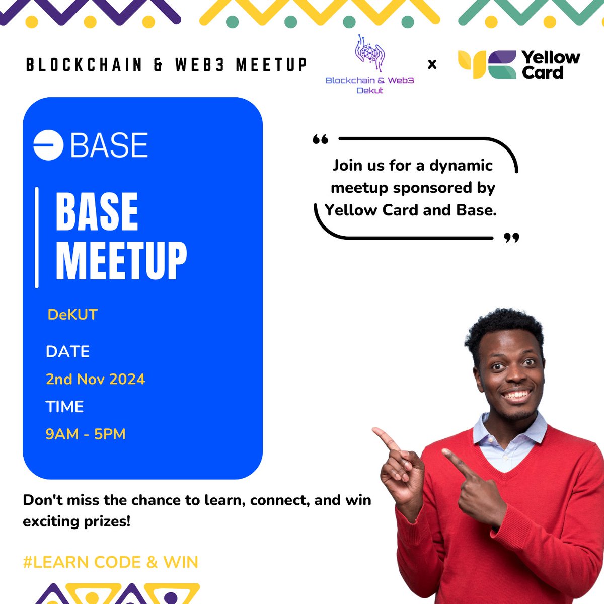 🚀 BASE MEETUP ALERT 🚀
 
Whether you're a developer, creator, or simply curious, join us for a day of learning, networking, and fun at Dedan Kimathi University! Sponsored by <a href="/yellowcard_app/">Yellow Card</a>  &amp; <a href="/base/">Base</a>, with exciting prizes up for grabs. Don’t miss it!

lu.ma/z06rpfmr