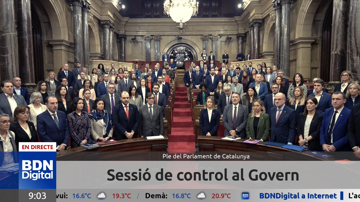 Minut de silenci al <a href="/parlamentcat/">Parlament de Catalunya</a> per les persones afectades per la #DANA. Pots seguir el Ple al nostre web i a les nostres xarxes socials habituals.