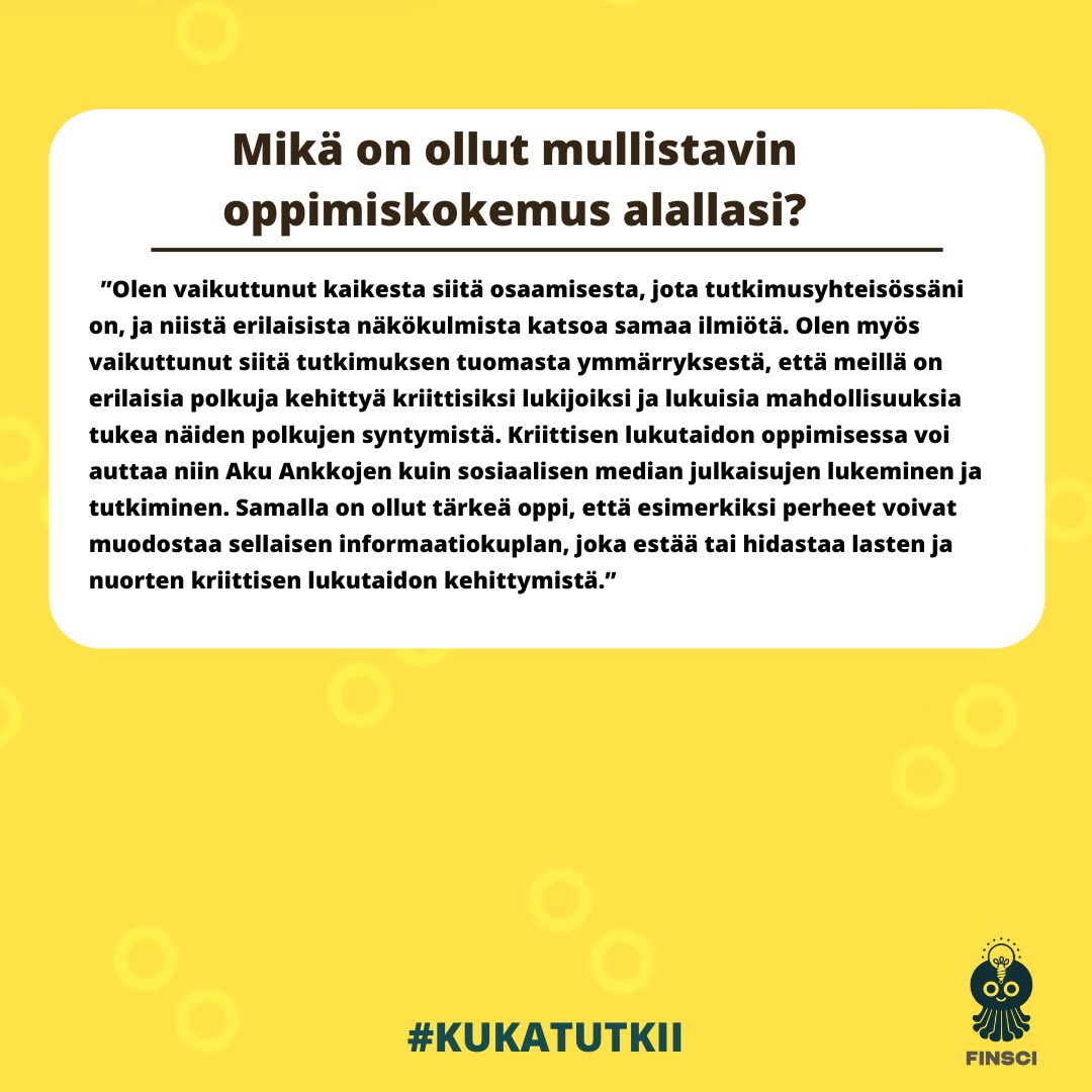 FINSCI (@fin_sci) on Twitter photo Te kysyitte meiltä #KukaTutkii kriittisen lukutaidon kehittymistä ja me otimme asiasta selvää. Viikon tutkijana Leena Paakkari <a href="/uniofjyvaskyla/">University of Jyväskylä</a> 📚.
Minkä aiheen tutkijan sinä haluaisit seuraavaksi tuntea?🤔
#Tiedepääoma
<a href="/Akatemia_STN/">Strateginen tutkimus</a> <a href="/UniTurku/">Turun yliopisto - University of Turku</a> Te kysyitte meiltä #KukaTutkii kriittisen lukutaidon kehittymistä ja me otimme asiasta selvää. Viikon tutkijana Leena Paakkari <a href="/uniofjyvaskyla/">University of Jyväskylä</a> 📚.
Minkä aiheen tutkijan sinä haluaisit seuraavaksi tuntea?🤔
#Tiedepääoma
<a href="/Akatemia_STN/">Strateginen tutkimus</a> <a href="/UniTurku/">Turun yliopisto - University of Turku</a>