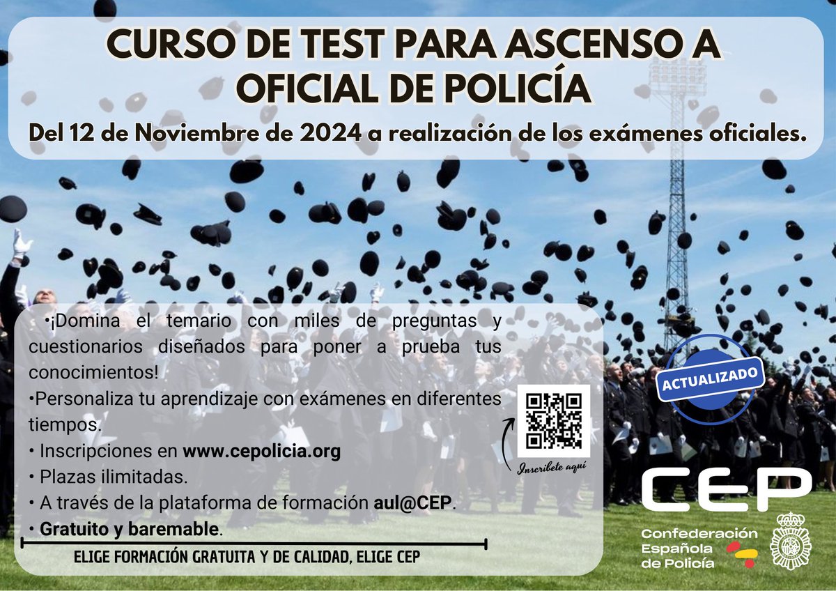 Aulacep's tweet photo. ¡Continuamos con nuestros cursos GRATUITOS de Ascenso para afiliados con el nuevo formato de formación a base de test .Arrancamos este 12 de Noviembre con el CURSO DE ASCENSO A OFICIAL.
La mejor #formacion #formacioncep para #policia #PoliciaNacional @cep_cepolicia INSCRÍBETE! https://t.co/a2ka1gvX1E