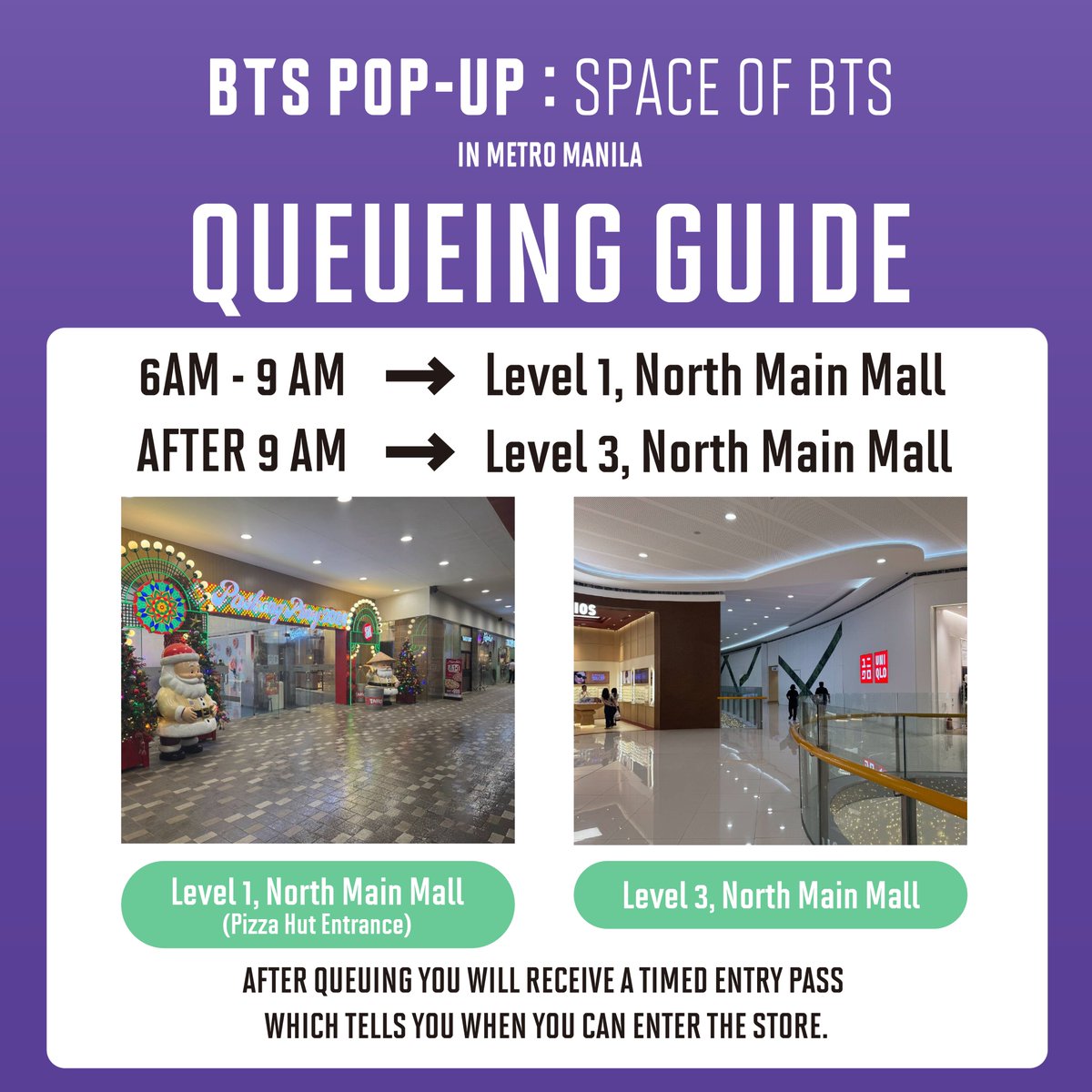 apopcollections's tweet photo. BTS POP-UP : SPACE OF BTS in Metro Manila

📢PH Merch List + Location + Queueing Guide

Please wait at the following locations

6 AM - 9 AM : Level 1, North Main Mall (Pizza Hut Entrance)
9 AM Onwards : Level 3, North Main Mall

Enjoy more than 200+ BTS Merchandise from Butter, By BTS, Yet to Come, DALMAJUNG, and many more 💜

Customers can only enter from queuing. After queuing, you will receive a timed entry pass which tell you when you can enter the store.

🗓 November 1, 2024 - December 31, 2024
⏱ 10:00 AM - 10:00 PM
📍Level 3, North Main Mall, SM Mall of Asia

#BTS #방탄소년단 #BTS_POPUP #MANILA #MallofAsia