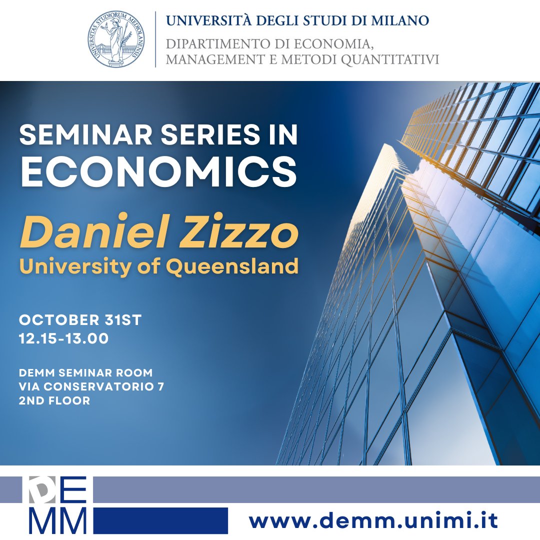 DemmUnimi's tweet image. 🎉 Nuovo seminario in #Economics!

🗣️ Daniel Zizzo - University of Queensland

📄 What determines why people vote the way they do? A methodology and two examples

📅 31 ottobre

🕛 12:15 - 13:00

📍 Aula seminari DEMM, via Conservatorio 7, Milano

Link in BIO 

#Demm #Lastatale