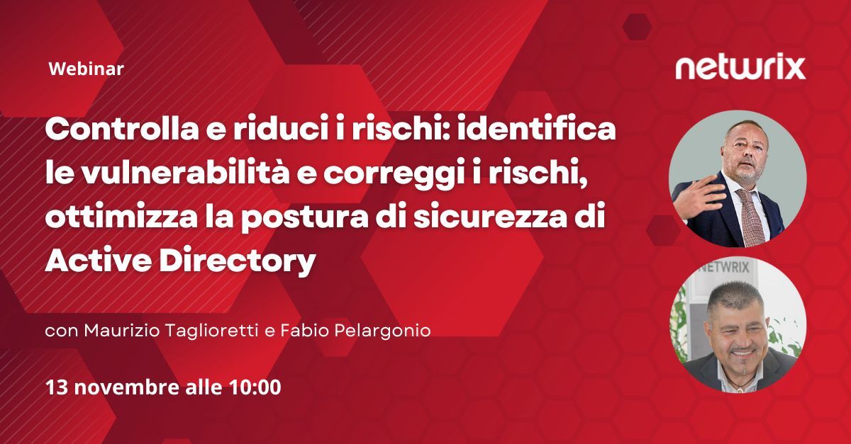 Netwrix_Italia's tweet photo. 🔒 Proteggi la tua #ActiveDirectory! Partecipa al nostro prossimo webinar e scopri come rilevare e risolvere le vulnerabilità in #AD ed #EntraID con Netwrix PingCastle. 
📅 13 novembre⏰ 10:00

👉 Iscriviti ora! https://t.co/2UMdR7ld3P https://t.co/lrnccsOQIS