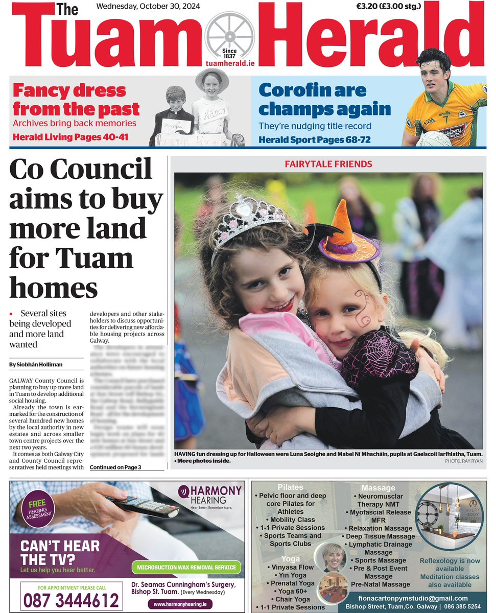 WEDNESDAY is Tuam Herald Day! Here’s a glimpse of our front page - lots of local news, photos, sport and lifestyle stories. 
In shops or buy our digital edition at tuamherald.ie
#tuam #localnews #lovelocal #Halloween #GAA #galwaygaa #newspapers #tuamherald #shoplocal