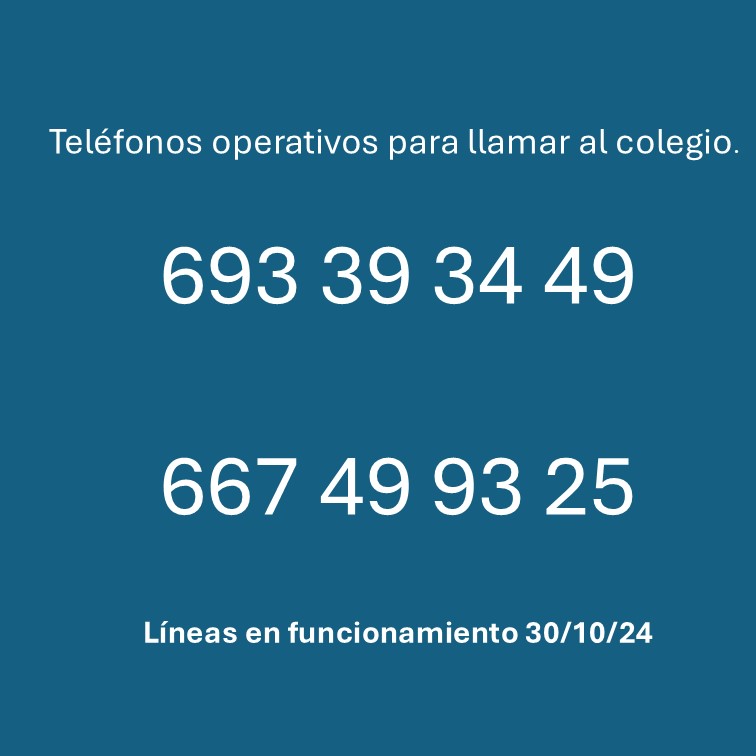 Facilitamos líneas telefónicas en funcionamiento,
El 962743106 no está operativo por avería ajena al colegio.