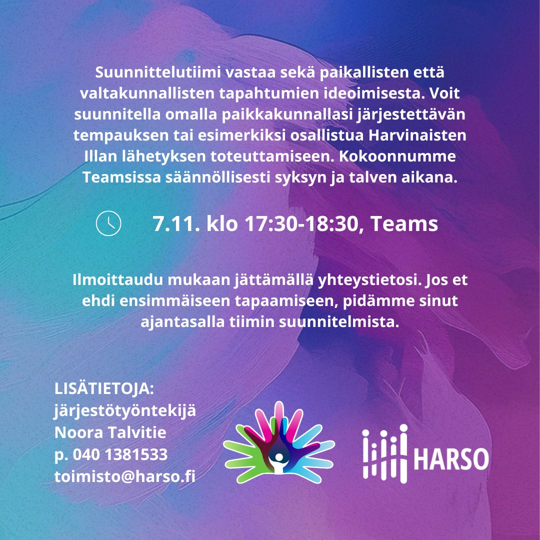Tule mukaan HARSOn Harvinaisten sairauksien päivän 2025 suunnittelutiimiin! Ensimmäinen tapaaminen to 7.11. klo 17:30-18:30. Lisätiedot ja ilmoittautuminen kotisivuillamme harso.fi.