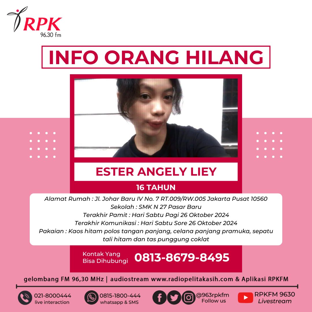 Mohon bantuannya! Ester Angely Liey sudah hilang sejak Sabtu 26 Okt 2024. Jika ada yang melihat/mengetahui keberadaannya, segera hubungi nomor 0813-8679-8495. Setiap informasi sangat berharga untuk menemukan Ester Angely Liey. #rpkfm #OrangHilang #BantuTemukan #InfoOrangHilang
