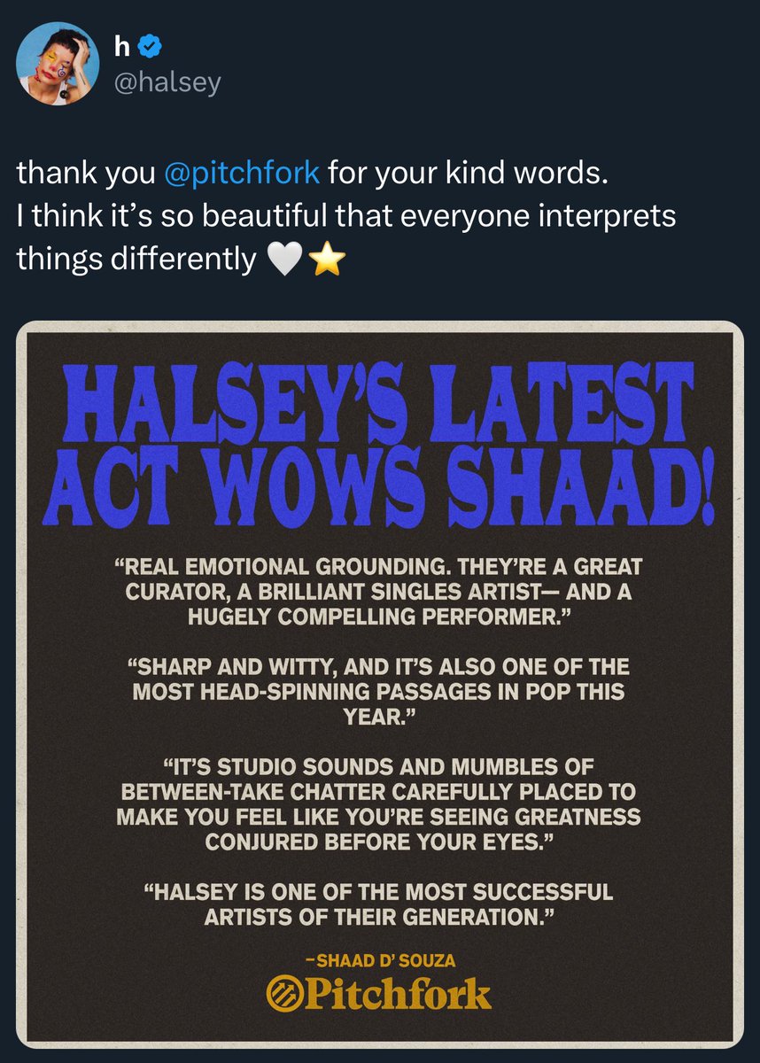 curingsivan's tweet photo. halsey- 2 
pitchfork- 0 

💀💀💀 https://t.co/QZJIVT0Vm9