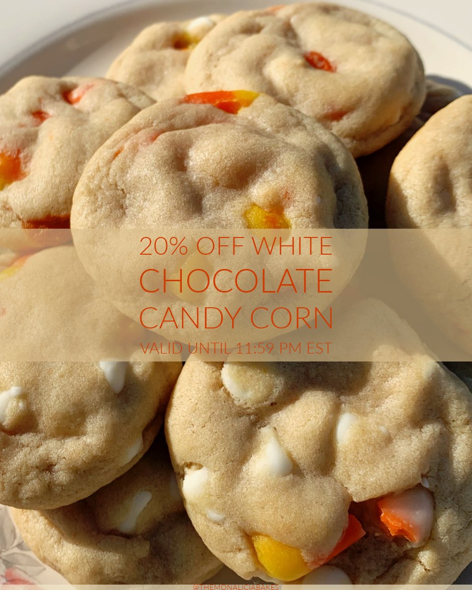 MonAliciaBakes's tweet photo. Happy National #CandyCorn Day! Love it or hate it, candy corn is always a topic of conversation every spooky season. 

Treat yourself to 20% off of this beloved spooky sweet until 11:59 PM EST. 👻 The best part? No code necessary. 🤭

https://t.co/VA9xyJB1PA 
#candycorncookie https://t.co/rpuIYSgu99