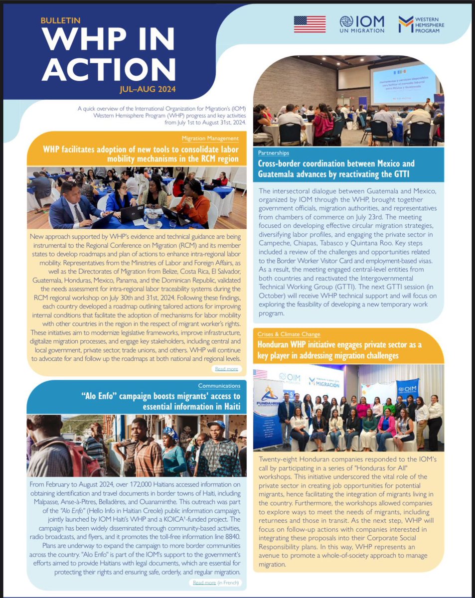 ADabizzi's tweet photo. Read about the recent progress and achievements of the @StatePRM-funded @UNmigration- managed Western Hemisphere Program in the freshly released bulletin ‘WHP in Action’
@OIMCentroAmer https://t.co/6G2HD8JWdr