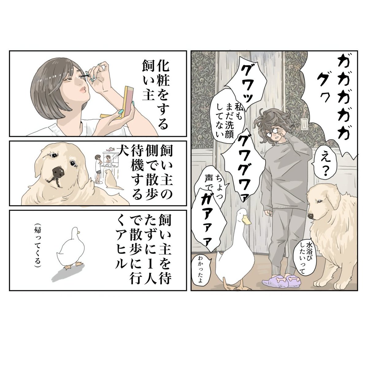 アヒルは朝5時に起きるのでご飯をあげてお水を変えて静かにさせてから僕たちは7時まで二度寝します。
『エースくんとヨバンさん 犬とアヒルの友情物語』11月20日発売/KADOKAWA
ご予約はこちら⬇︎
Amazon→ https://t.co/kKH679L6WO
#漫画が読めるハッシュタグ #エースくんとヨバンさん