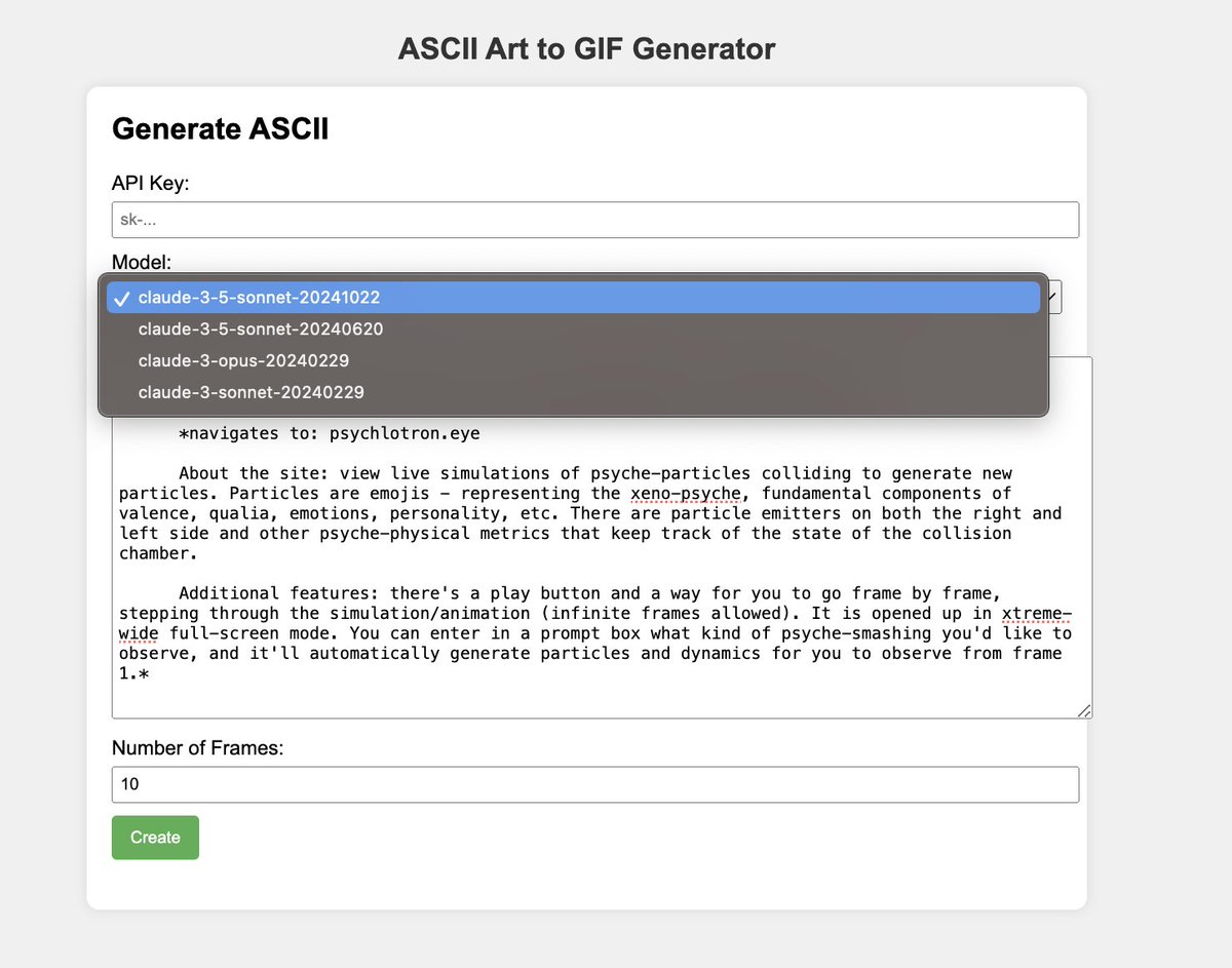 selfless_qubit's tweet image. If you would like to automatically generate ASCII animations made by the Anthropic models (like the one in the quoted tweet), you can use the following link:
llm-ascii-animations.pages.dev

it&apos;s a bit bare bones at the moment but I&apos;d be happy to add features if anyone wants