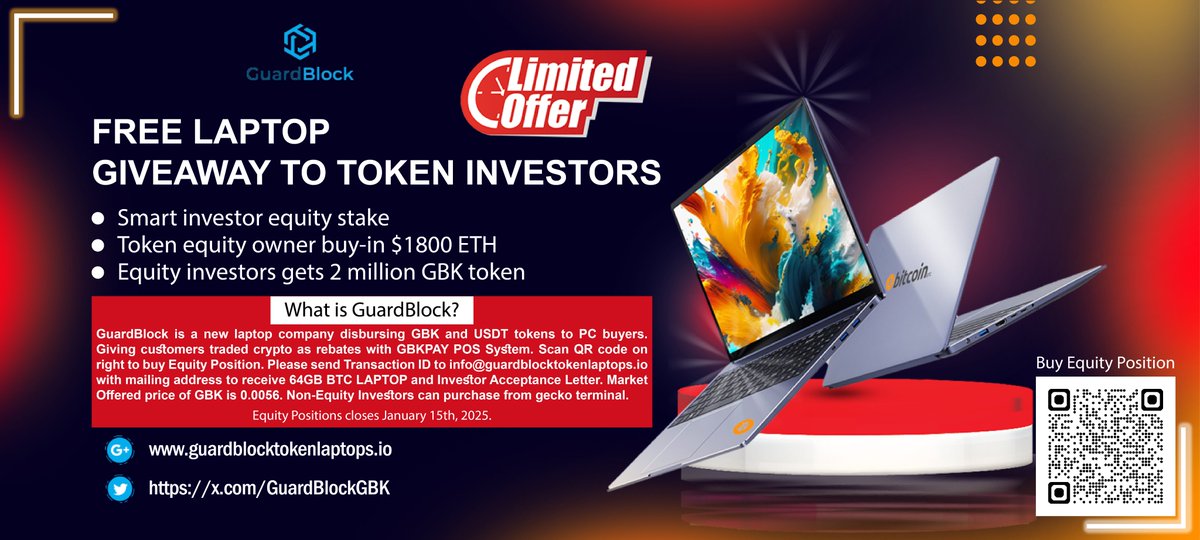 GuardBlockGBK's tweet photo. Free Laptop Promotion Ends 01-15-2025 
Equity Investors welcome. Help build the first crypto centric computer store. Integrating USDT, Solana, Shib with GBKPAY. 

Token Purchase:  https://t.co/5lE27B1Vmy https://t.co/YD4XBnnoc8