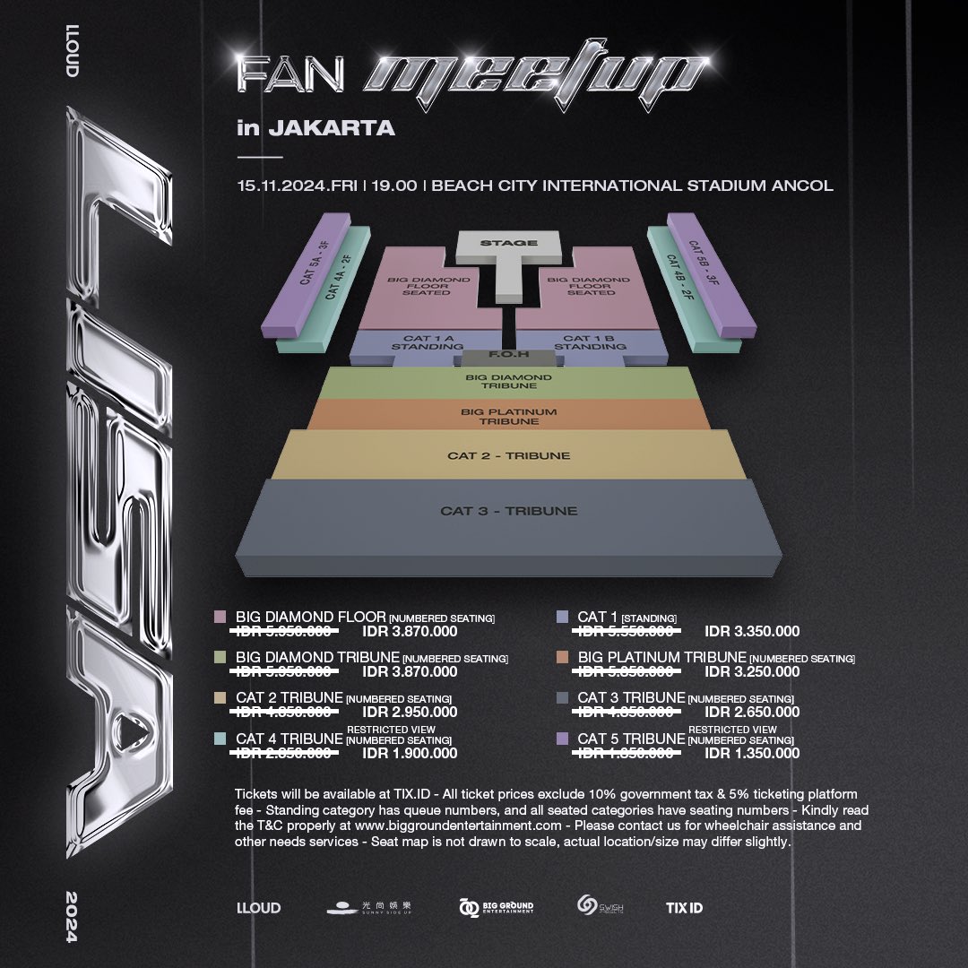 bigground_ent's tweet photo. Lilies, We Hear You!

To ensure that more Lilies can join us, we’ve adjusted ticket prices without compromising the quality of the event or the special moments we’ve planned.

For those who secured your tickets early, we’ll be refunding the difference as a gesture of appreciation for your support. Please follow the refund
steps outlined on the next slide.

Grab your ticket at
https://t.co/pwUTh9ypOx

Ticket Fare Adjustment Refund mechanism will be informed to ticket holder by email.

Ticket Fare Adjustment Start Selling at
31 October 2024 11:00 AM GMT+7 at https://t.co/0sZNJzLYwx

The new ticket prices are as follows:
• Big Diamond Floor: Rp 3,870,000 (previously Rp 5,950,000)
• Big Diamond Tribune: Rp 3,870,000 (previously Rp 5,950,000)
• CAT 1: Rp 3,350,000 (previously Rp 5,550,000)
• Big Platinum Tribune: Rp 3,250,000 (previously Rp 5,350,000)
• CAT 2 Tribune: Rp 2,950,000 (previously Rp 4,850,000)
• CAT 3 Tribune: Rp 2,650,000 (previously Rp 4,350,000)
• CAT 4 Tribune: Rp 1,900,000 (previously Rp 2,850,000)
• CAT 5 Tribune: Rp 1,350,000 (previously Rp 1,850,000)

*Exclude 10% Government Tax and 5% Platform Fee

Grab your ticket fast!!

Artiste Management : LLOUD
Tour Management : Sunny Side Up Entertainment
Organizer : Big Ground Entertainment. Sunny Side Up Entertainment
Tour Production : Swish Projects