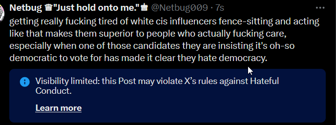 Netbug009's tweet image. lmao, ban me if you want, by all means force me off this hellsite. It's shit for my mental health here and I know it. 

I'd tell people to vote like they have to look their trans friends in the eye after, but let's be real - any of y'all still torn don't HAVE trans/poc friends.