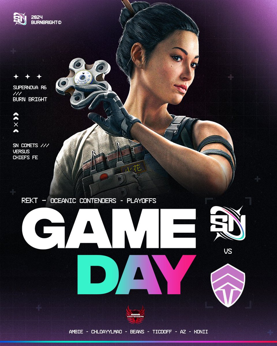 Supernova (@gg_supernova) on Twitter photo We're Playoffs bound for Oceanic Contenders tonight! Be there or be square..😤
First up <a href="/ChiefsESC/">The Chiefs</a>
⏰7:30pm AEDT | 4:30 AM EST
👇 Stream Links Below
#BurnBright💫| $N | #R6Esports We're Playoffs bound for Oceanic Contenders tonight! Be there or be square..😤
First up <a href="/ChiefsESC/">The Chiefs</a>
⏰7:30pm AEDT | 4:30 AM EST
👇 Stream Links Below
#BurnBright💫| $N | #R6Esports