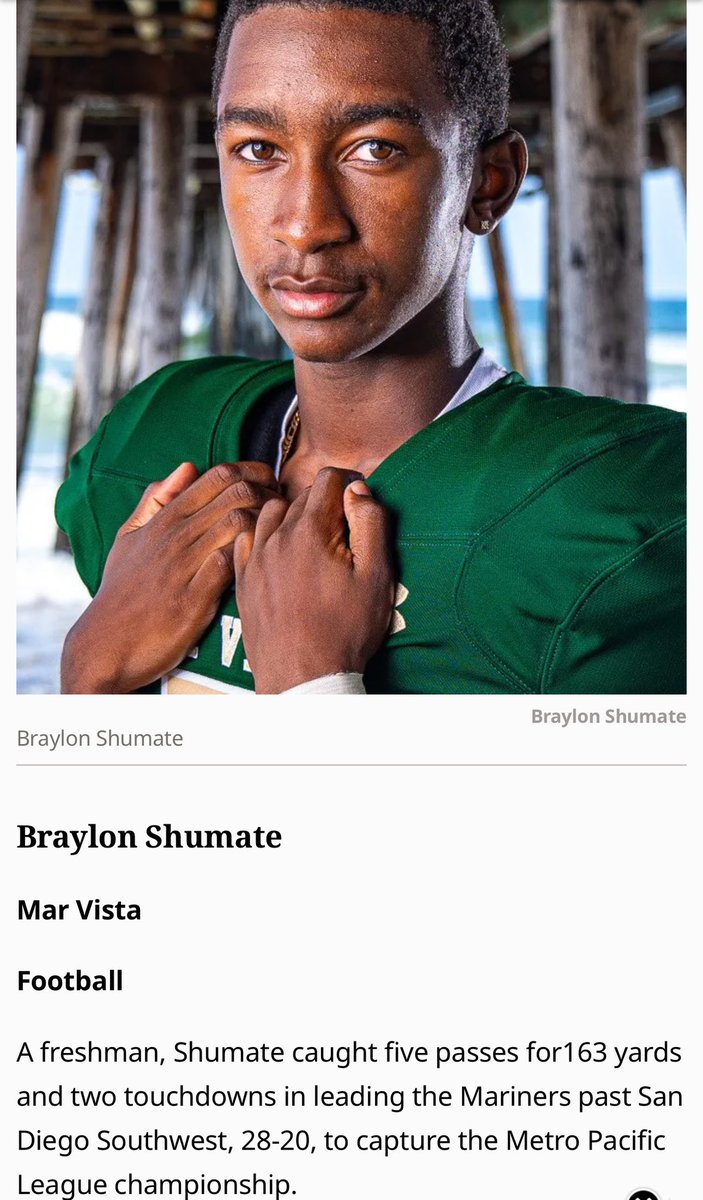 Congrats to Mar Vista freshman Braylon Shumate (Ath) for being recognized as a <a href="/sdut/">The San Diego Union-Tribune</a> athlete of the week in his first EVER varsity football game! Future of Mar Vista football is bright. #BallinOnTheBeach
 <a href="/johnnywo/">johnnywo</a> <a href="/KUSIPPR/">Prep Pigskin Report</a> <a href="/SDPrepInsider/">SD Prep Insider</a> <a href="/EC_Preps_SD/">EC Preps</a> <a href="/PrepRedzoneCA/">Prep Redzone California</a> <a href="/SDFBRecruits/">San Diego High School Football</a>