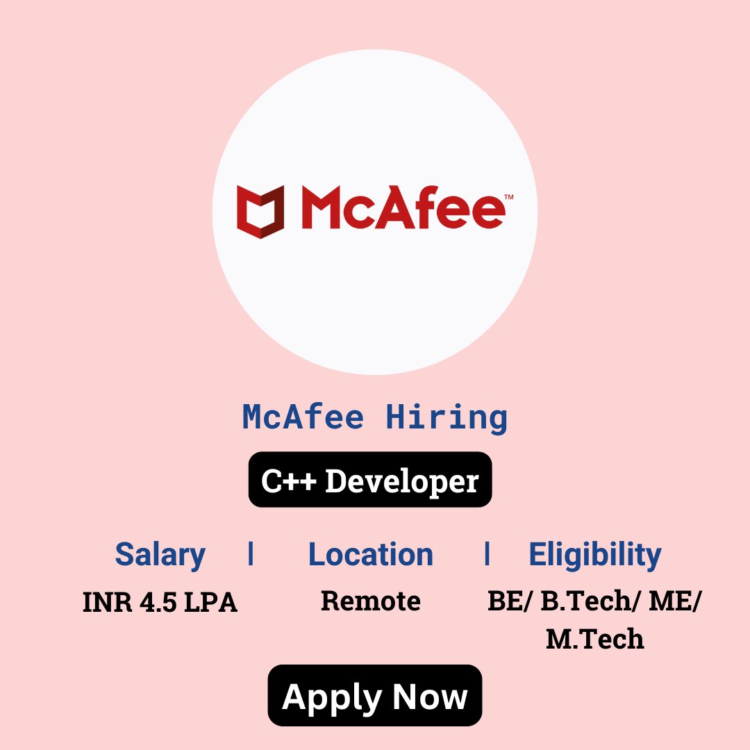 karthikpattadi's tweet image. 🔍 McAfee Careers 2024 🔍
💼 Job Role: C++ Developer
🔗 Apply Here: zurl.co/d5vg
💬 Join Our WhatsApp Group: zurl.co/HzO9
#McAfee #CPlusPlusDeveloper #Careers2024 #JobOpportunity #Hiring