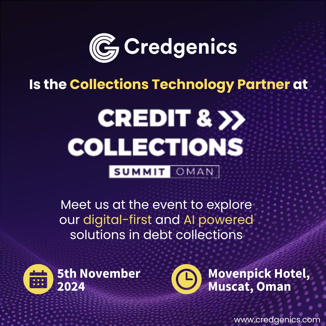 credgenics's tweet image. Credgenics is thrilled to be the #CollectionsTechnology partner at the Credit &amp;amp; Collections Summit Middle East - Oman, on the 5th November at the Movenpick Hotel, Muscat.
middle-east.collectionsummit.com

@RishabhGoel_CG  @AnandAgrawal_ @NitinGarg_NG @TheFutureEvent1 

#CreditExcellence