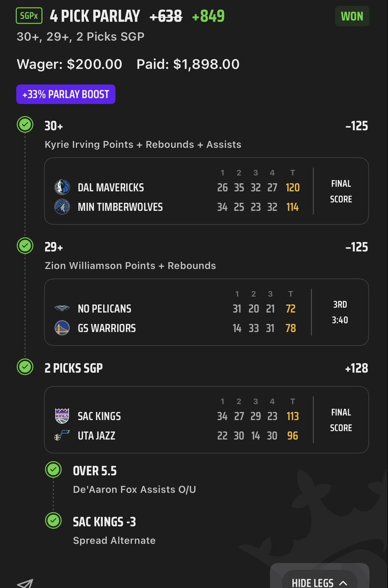 💰VIP Sweeps the NBA Board tonight🧹

1U Kyrie Irving O29.5 PRA -127✅

1U De’aaron Fox O5.5 assists -135✅

1U Zion Williamson O28.5 PR -120✅

+849✅

+778✅

🚨Get this tweet to 50 RETWEETS/LIKES &amp; I’ll drop 50 free 2 week VIP passes🚨

whop.com/mr-asianlocks-…